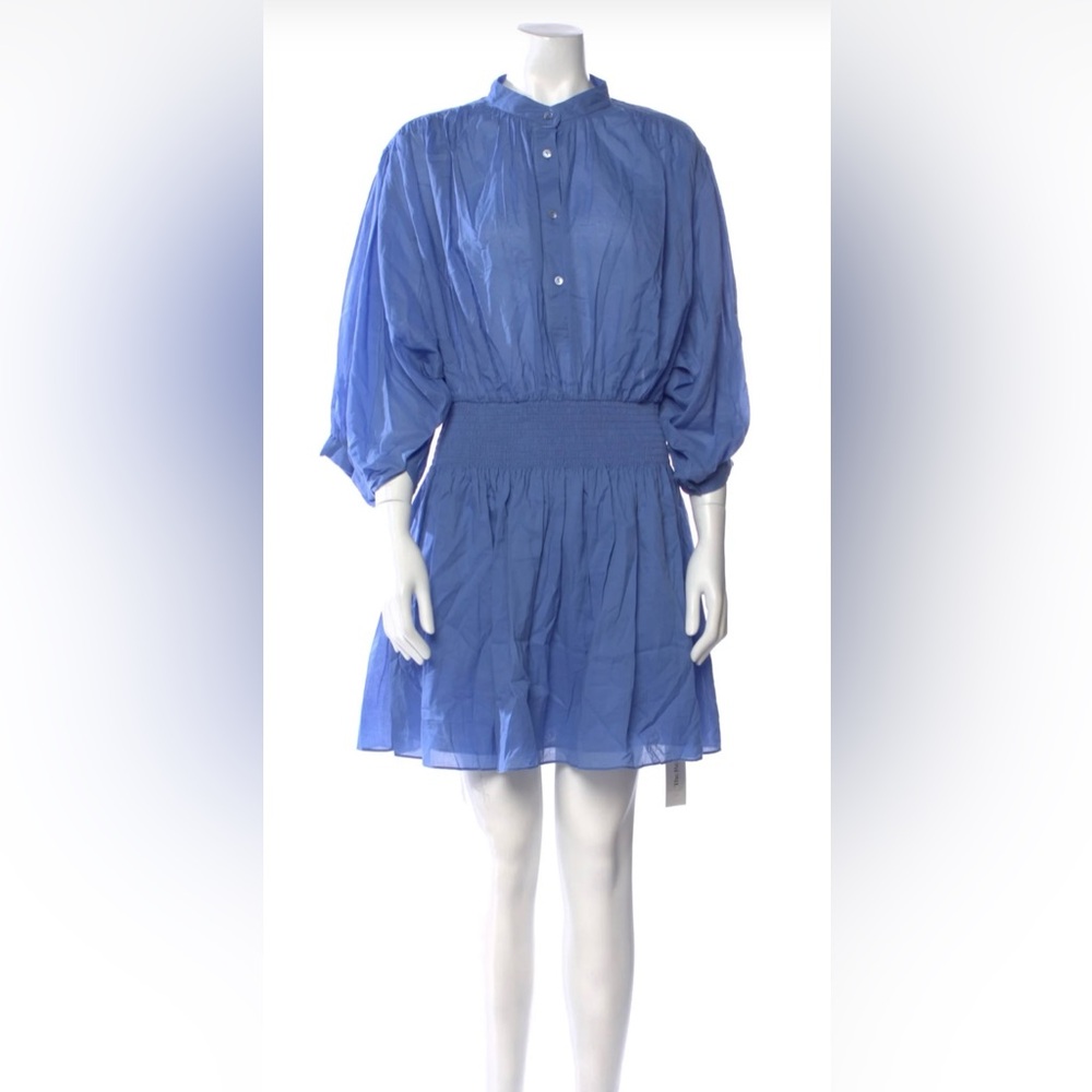 Rebecca Taylor Ikat Print Smocked Cotton Shirtdress on solid blue size medium
